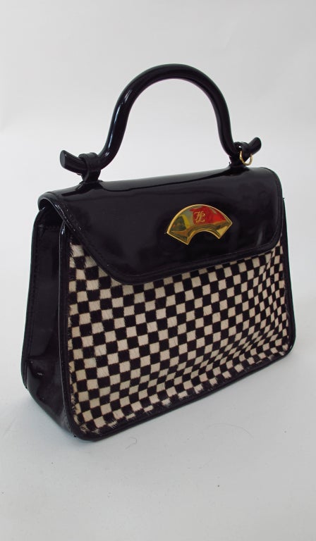 Women's Karl Lagerfeld black & white patent & fur handbag