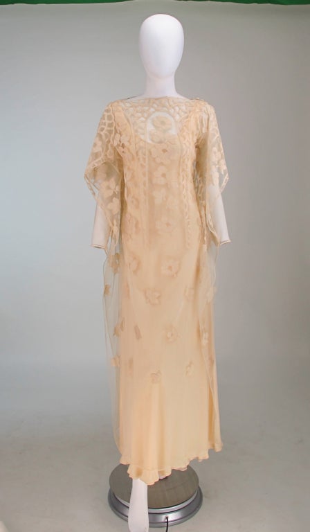 Beige Vintage Stavropoulos cream chiffon & lace tabard gown 1960s