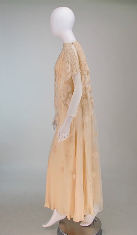 Women's Vintage Stavropoulos cream chiffon & lace tabard gown 1960s