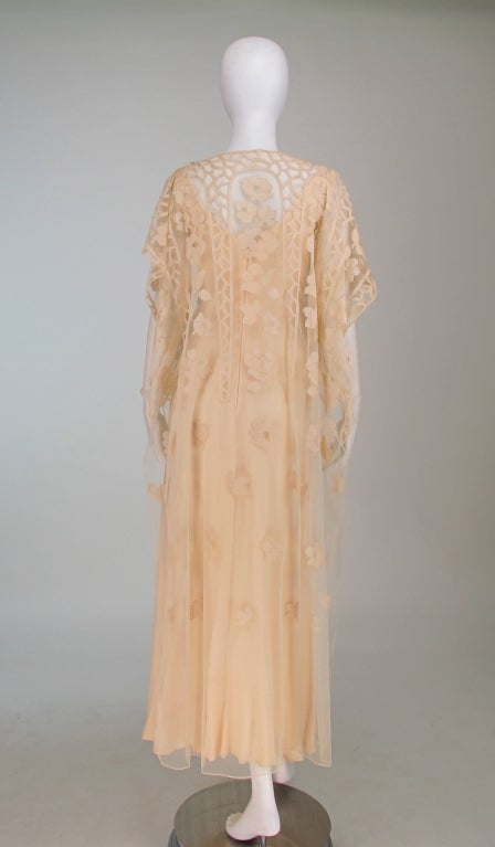 Vintage Stavropoulos cream chiffon & lace tabard gown 1960s 1
