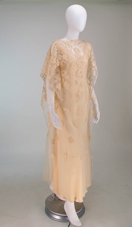 Vintage Stavropoulos cream chiffon & lace tabard gown 1960s 3