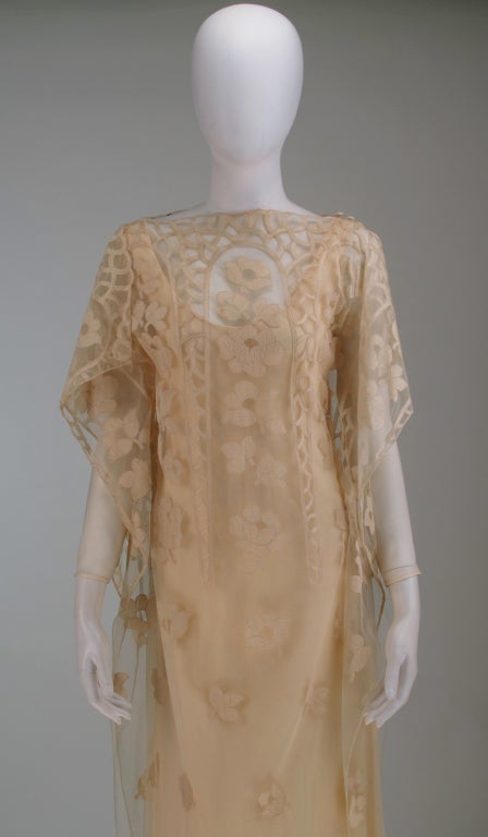 Vintage Stavropoulos cream chiffon & lace tabard gown 1960s 4