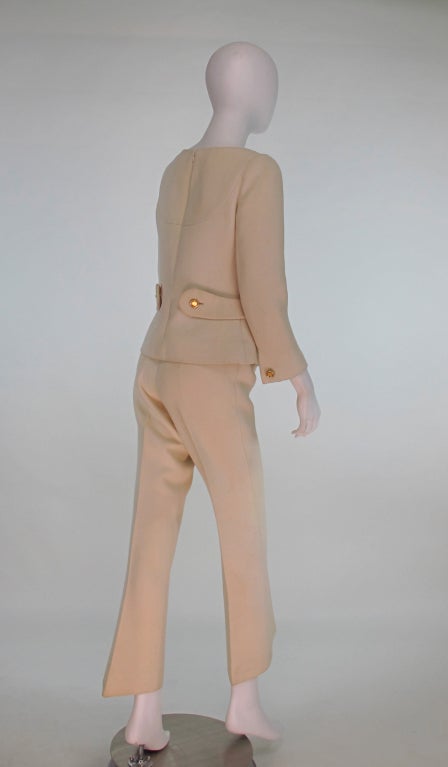 Beige 1960s Numbered Courreges Couture cream wool pantsuit
