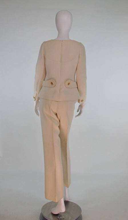 1960s Numbered Courreges Couture cream wool pantsuit In Excellent Condition In West Palm Beach, FL