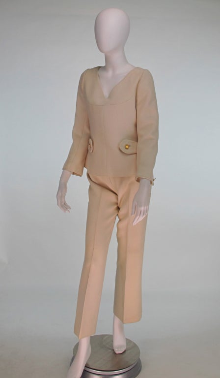 Women's 1960s Numbered Courreges Couture cream wool pantsuit