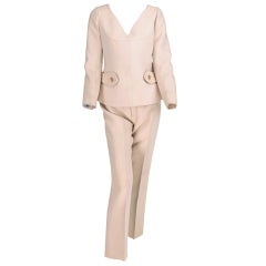 1960s Numbered Courreges Couture cream wool pantsuit