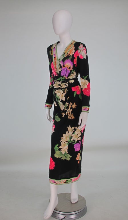 LEONARD Wool silk Sheer back-zip crew neck floral print one piece dress 0340102 black L