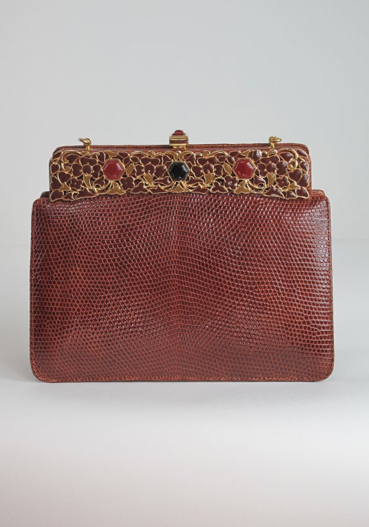 Judith Leiber russet lizard clutch with enamel & jewel frame