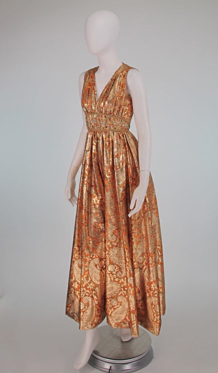 1960s Malcolm Starr jeweled gold brocade palazzo gown In Excellent Condition In West Palm Beach, FL