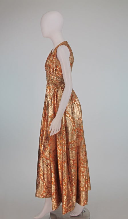 Women's 1960s Malcolm Starr jeweled gold brocade palazzo gown