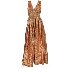 1960s Malcolm Starr jeweled gold brocade palazzo gown