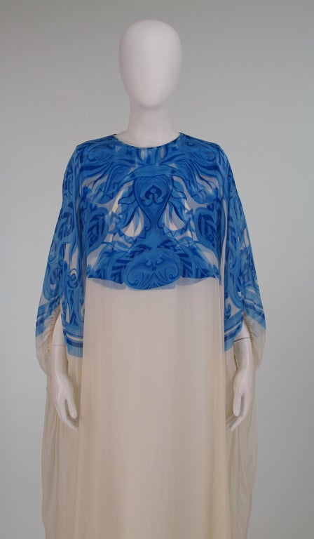 Women's Blue & white silk chiffon caftan 1970s Adelaide of Capri