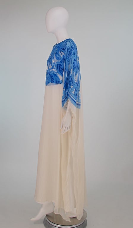 Blue & white silk chiffon caftan 1970s Adelaide of Capri 1