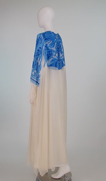 Blue & white silk chiffon caftan 1970s Adelaide of Capri 2