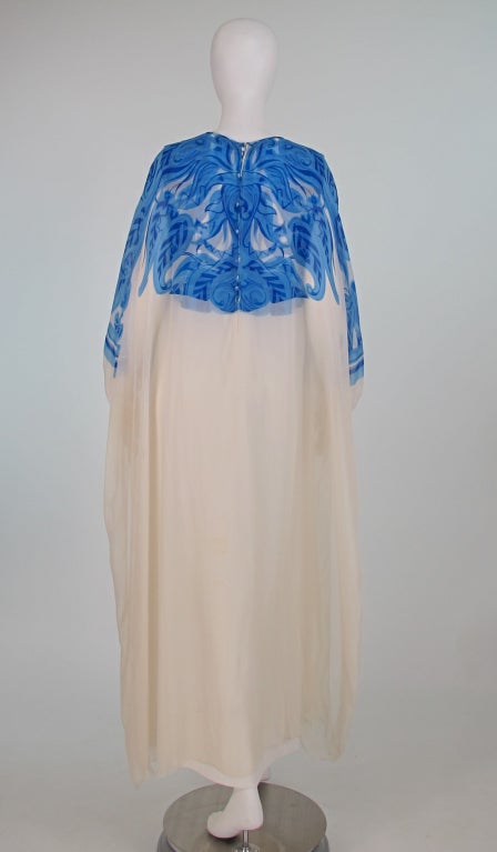 Blue & white silk chiffon caftan 1970s Adelaide of Capri 3