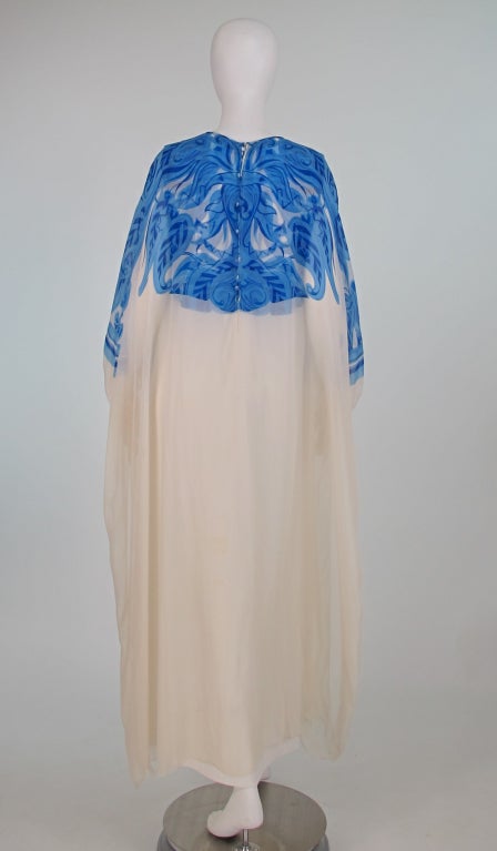 Blue and white silk chiffon caftan 1970s Adelaide of Capri at 1stdibs