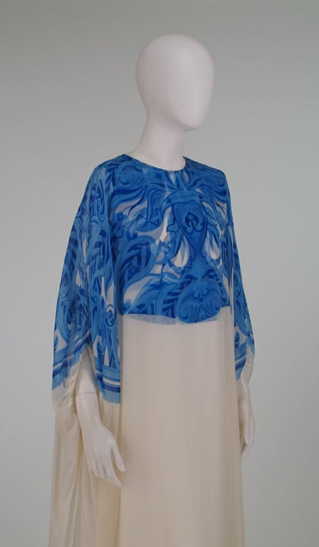 Blue and white silk chiffon caftan 1970s Adelaide of Capri at 1stdibs