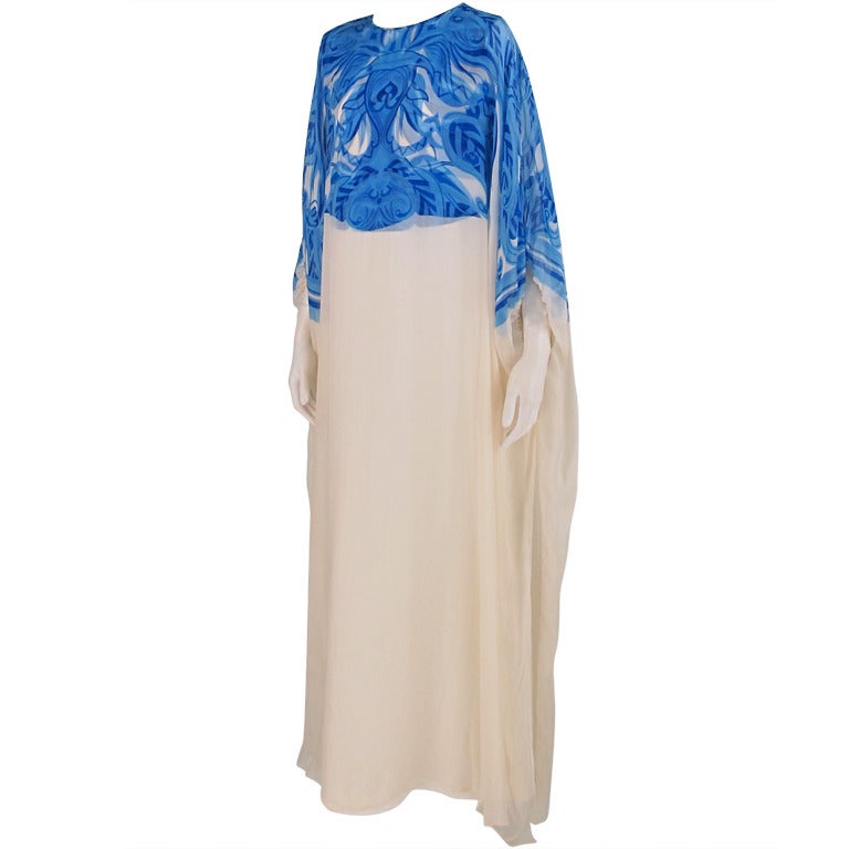 Blue & white silk chiffon caftan 1970s Adelaide of Capri