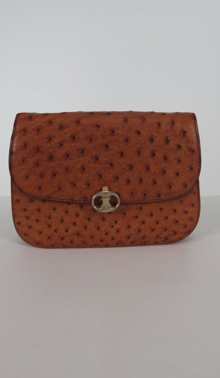 Celine cognac ostrich clutch or shoulder bag 1970s