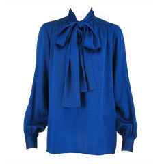 Yves St Laurent marine blue figured silk bow tie blouse