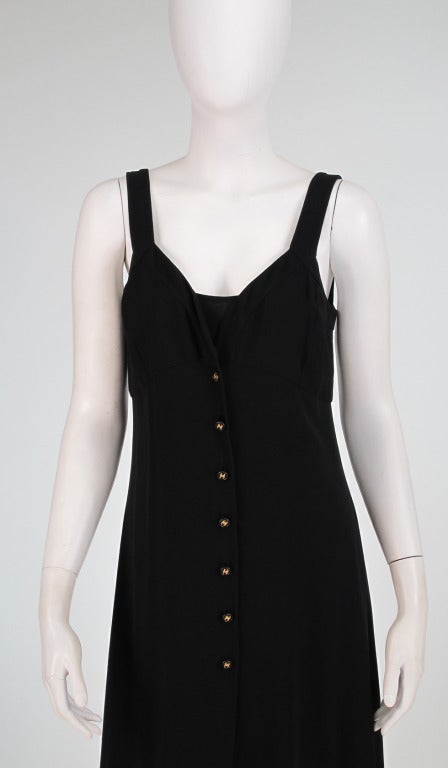 Chanel, little black dress in silk crepe, 2pc set of dress and matching under slip...Slip dress with banded straps and banded bust, low neckline front and back, seamed under bust, dress closes with logo buttons, slip has narrow straps scoop neckline