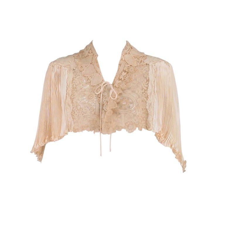 1940s Trousseau Cape in Ivory Pleated Silk Satin and Duchesse Lace