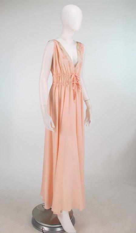 Trousseau gown peach silk crepe de chine embroidery & lace In Excellent Condition In West Palm Beach, FL