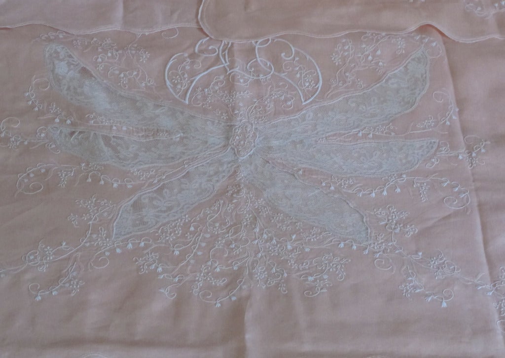 Trousseau sheet & shams embroidered linen, Valenciennes lace 1