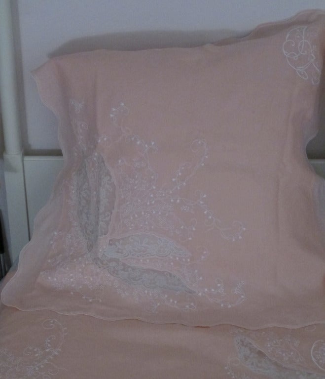 Trousseau sheet & shams embroidered linen, Valenciennes lace 4