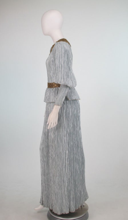 1980s Mary McFadden Fortuny style gown with gold macrame In Excellent Condition In West Palm Beach, FL