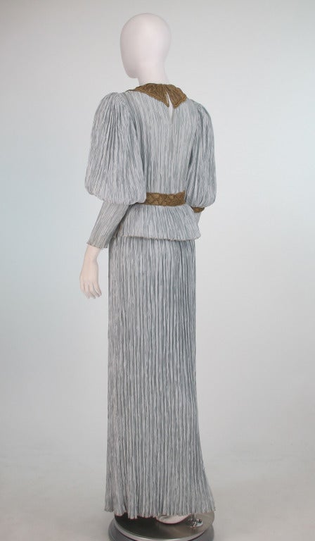 Women's 1980s Mary McFadden Fortuny style gown with gold macrame