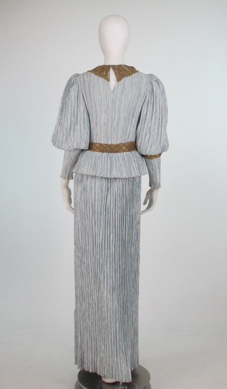 1980s Mary McFadden Fortuny style gown with gold macrame 1