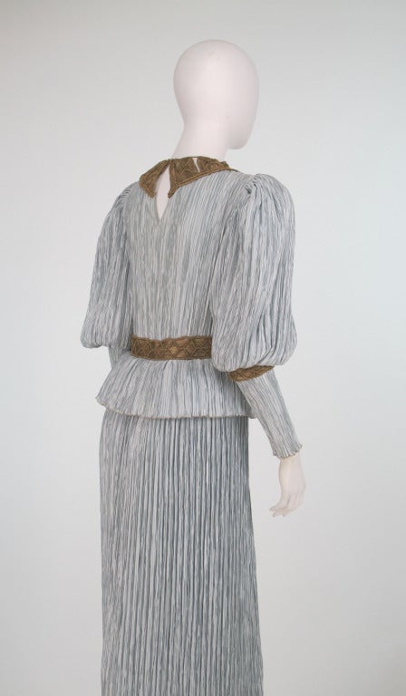 1980s Mary McFadden Fortuny style gown with gold macrame 2