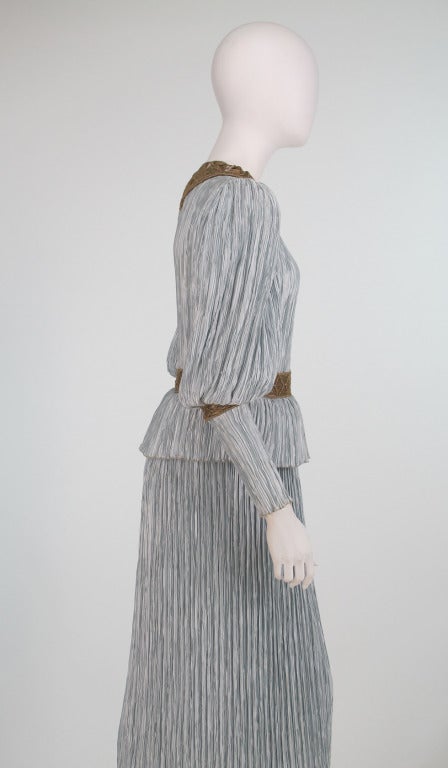 1980s Mary McFadden Fortuny style gown with gold macrame 3