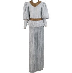 Vintage 1980s Mary McFadden Fortuny style gown with gold macrame