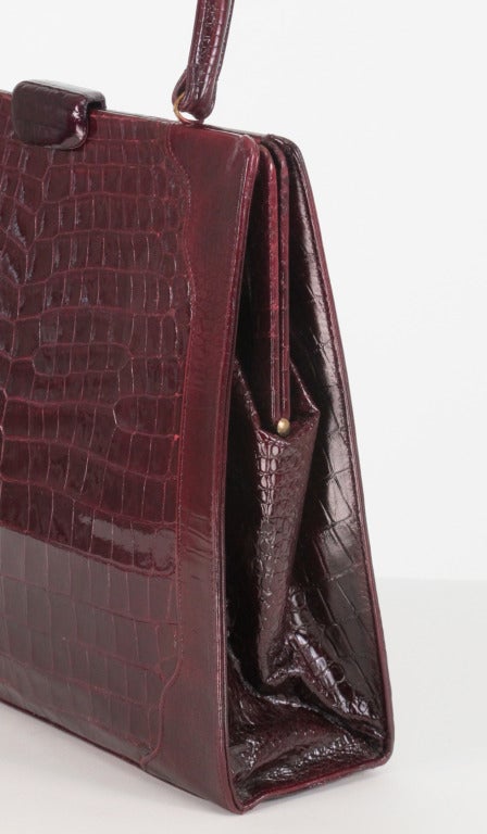 Women's Lucille de Paris HUGE burgundy glazed crocodile handbag 1950s