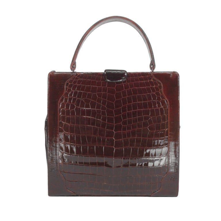 Lucille de Paris HUGE burgundy glazed crocodile handbag 1950s