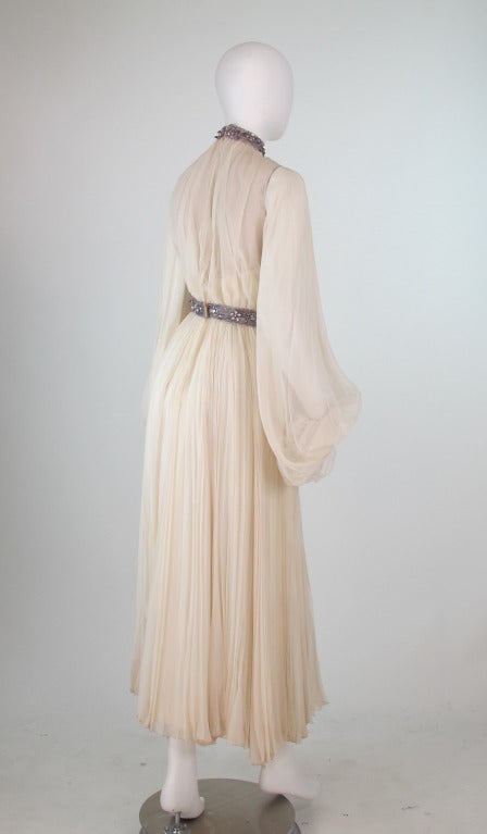 Ivory chiffon gown with jewel trims Jose de Lema In Excellent Condition In West Palm Beach, FL
