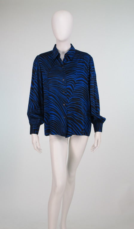 Yves St Laurent silk satin zebra stripe blouse in black & blue stripes...Marked size 38...In excellent wearable vintage condition...

Measurements are: 
Bust 40