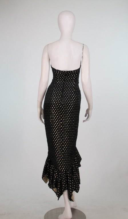 Women's Ellene Warren mermaid gown in gold dot panne velvet 1980s