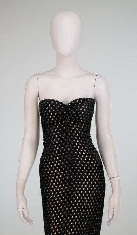 Ellene Warren mermaid gown in gold dot panne velvet 1980s 3