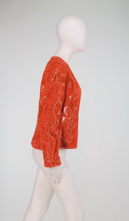 Bill Blass persimmon & hot pink bead & sequin evening jacket In New Condition In West Palm Beach, FL