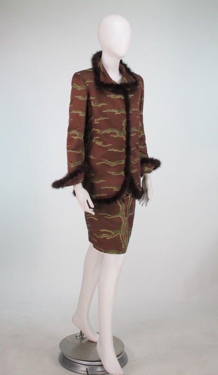 Quadrille Couture New York...Possibly inspired by Iris Apfel's designs using her own Old World Weavers home textiles for some fabulous clothing, Quadrille offered custom made fashion using their beloved luxury home fabrics...This suit is very chic
