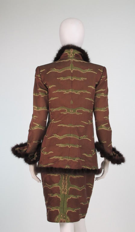 Women's Quadrille Couture New York mink trimmed brocade suit
