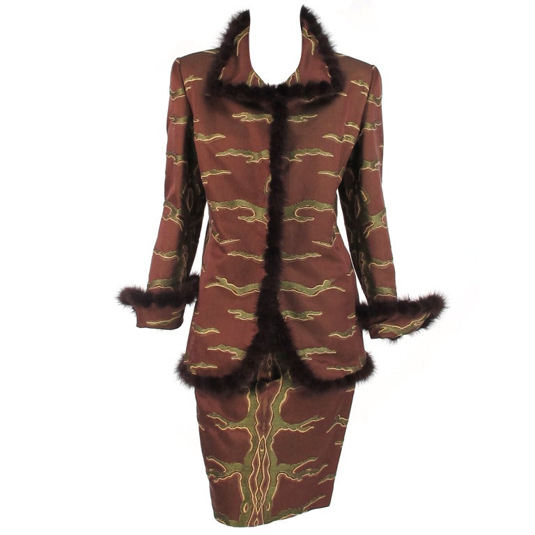 Quadrille Couture New York mink trimmed brocade suit