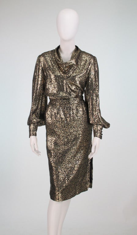 Yves St Laurent YSL gold and black tissue silk brocade blouse and skirt ...