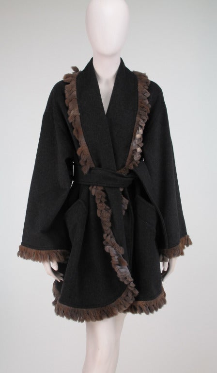 1980s Fendi fur trimmed wrap coat In Excellent Condition In West Palm Beach, FL