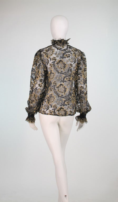 Women's 1980s Ungaro black & gold sheer lace blouse