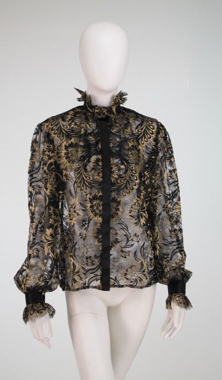1980s Ungaro black & gold sheer lace blouse 4