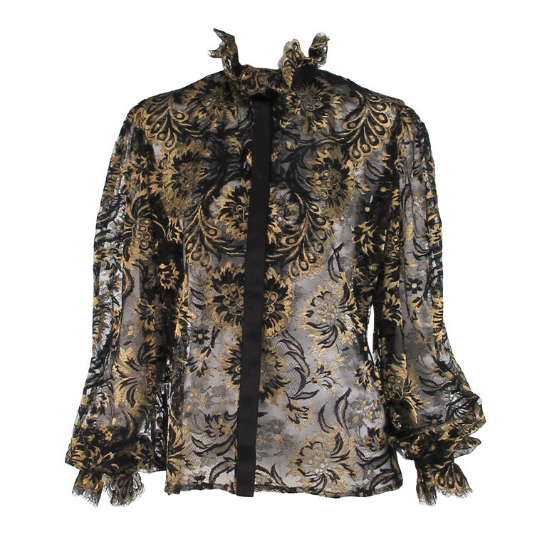 1980s Ungaro black & gold sheer lace blouse
